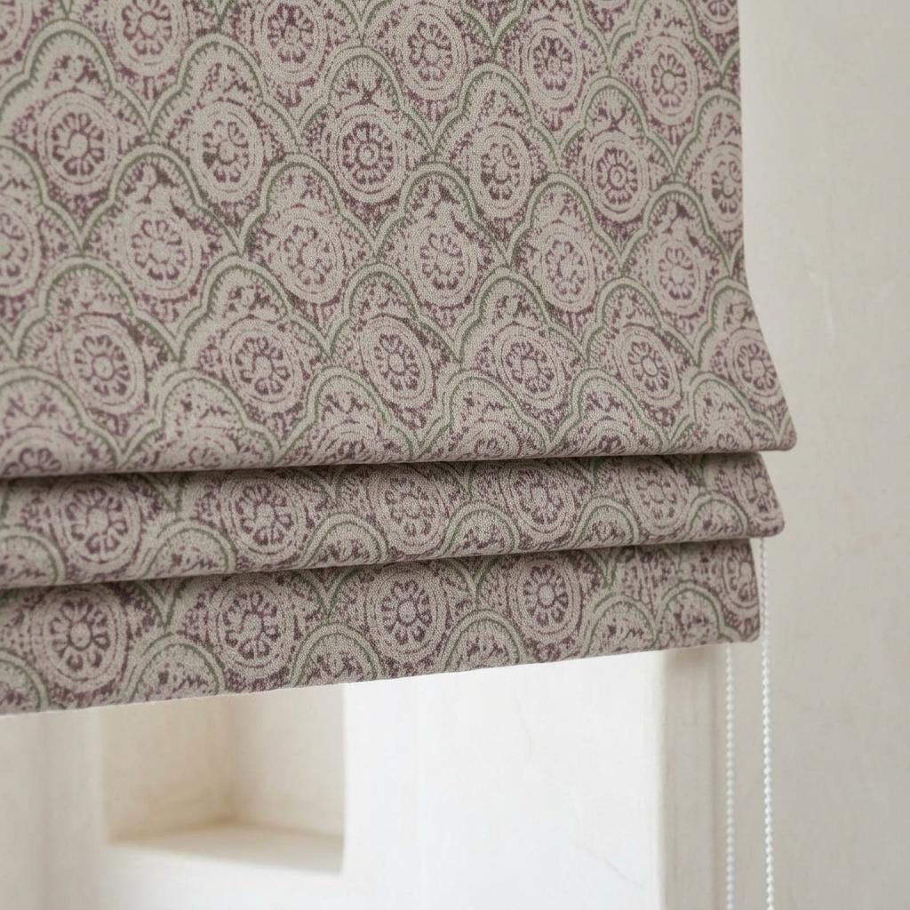 Dusty Rose Sage Linen Roman Shade, Ivory Floral Scallop, Custom Blackout or Light Filtering Blind — image 1