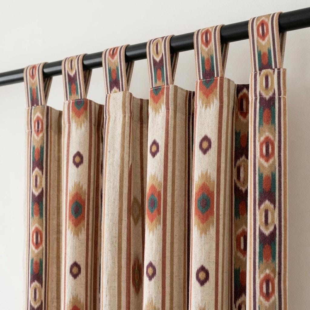 Terracotta Teal Pure Linen Curtains, Southwestern Ikat Stripe, Custom Blackout or Light Filtering Boho Drapes — image 3