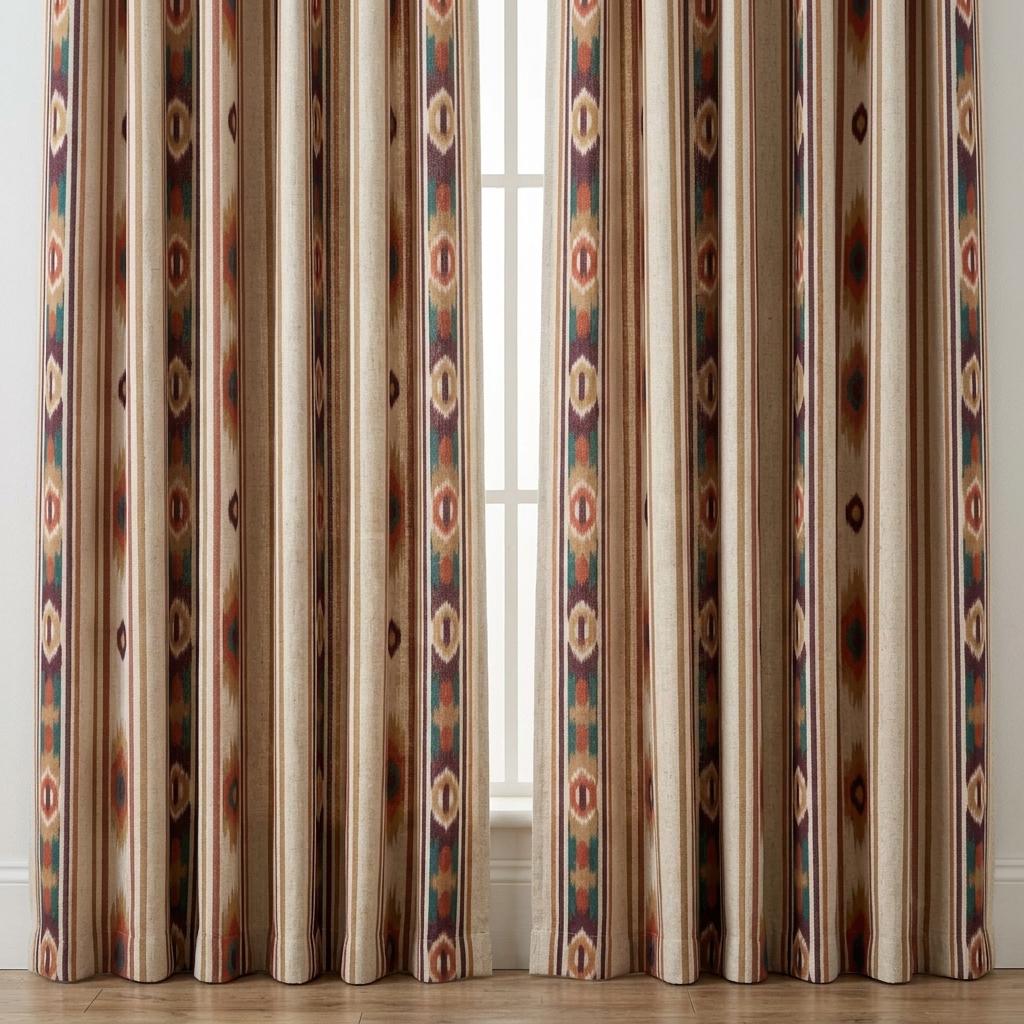 Terracotta Teal Pure Linen Curtains, Southwestern Ikat Stripe, Custom Blackout or Light Filtering Boho Drapes — image 4