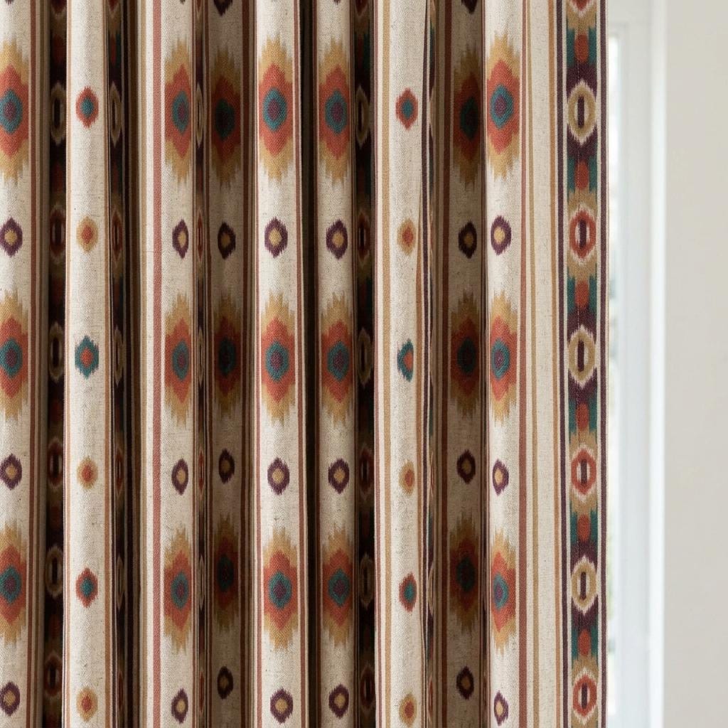 Terracotta Teal Pure Linen Curtains, Southwestern Ikat Stripe, Custom Blackout or Light Filtering Boho Drapes — image 9