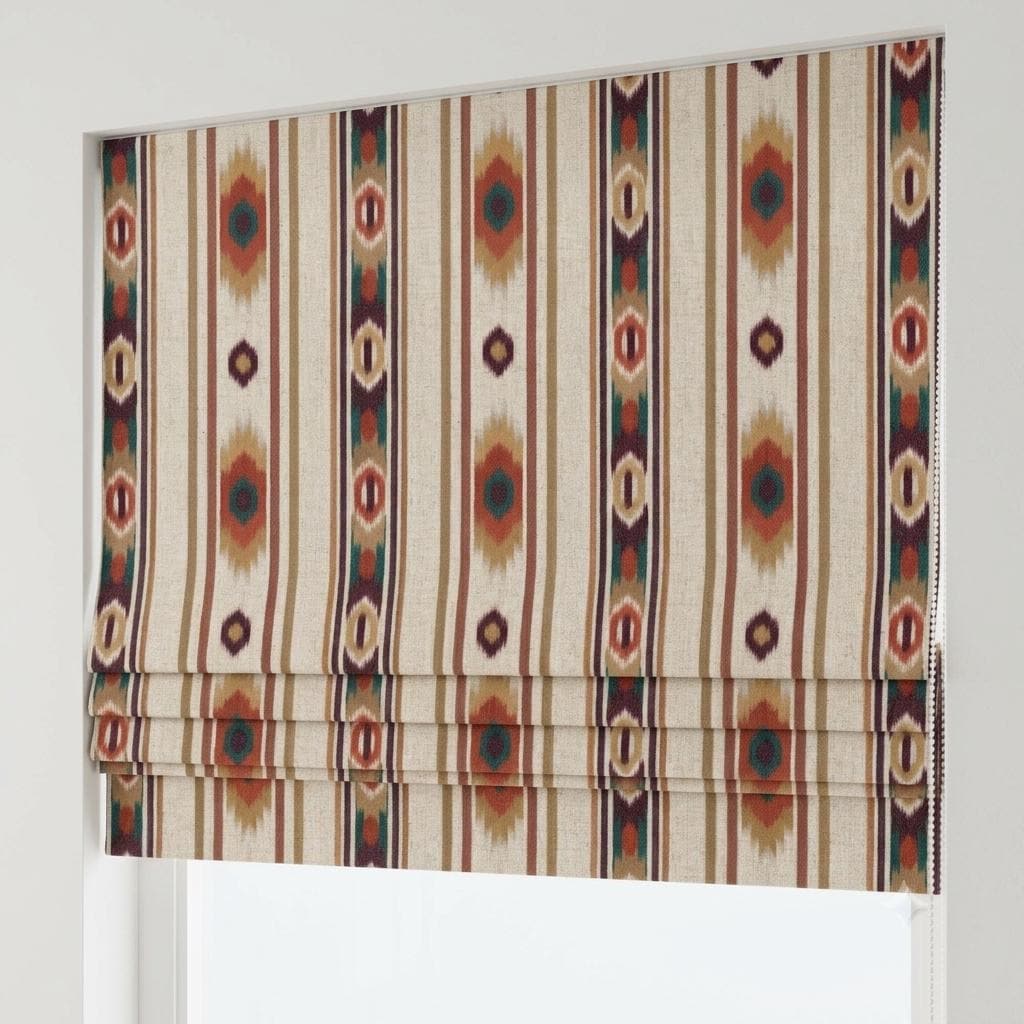 Rust Teal Ikat Linen Roman Shade, Ivory Southwestern Stripe, Custom Blackout or Light Filtering Blind — image 1