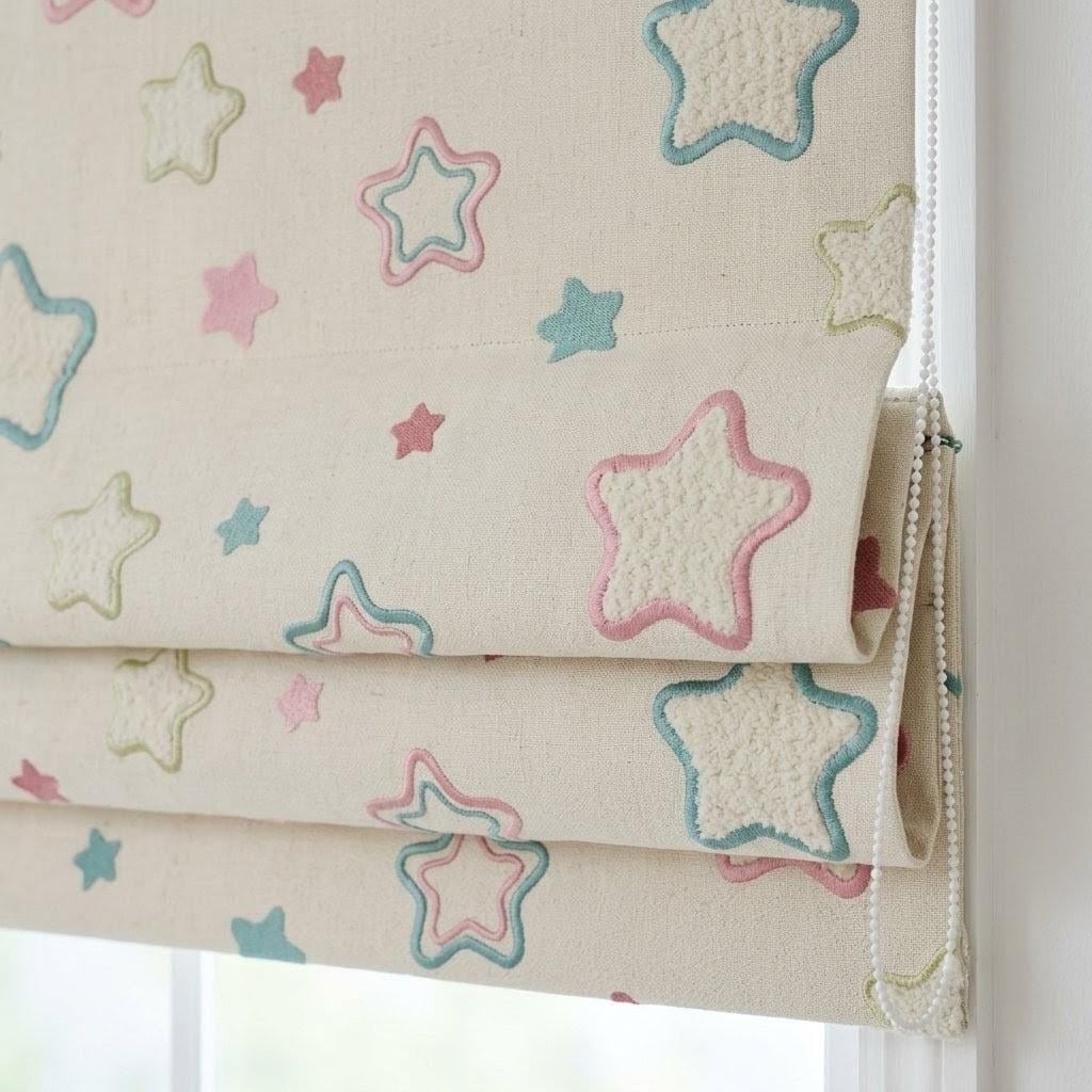 Natural Flax Cream Linen Roman Shade, Teal Pink Embroidered Star Nursery Blind, Custom Blackout or Light Filtering — image 1