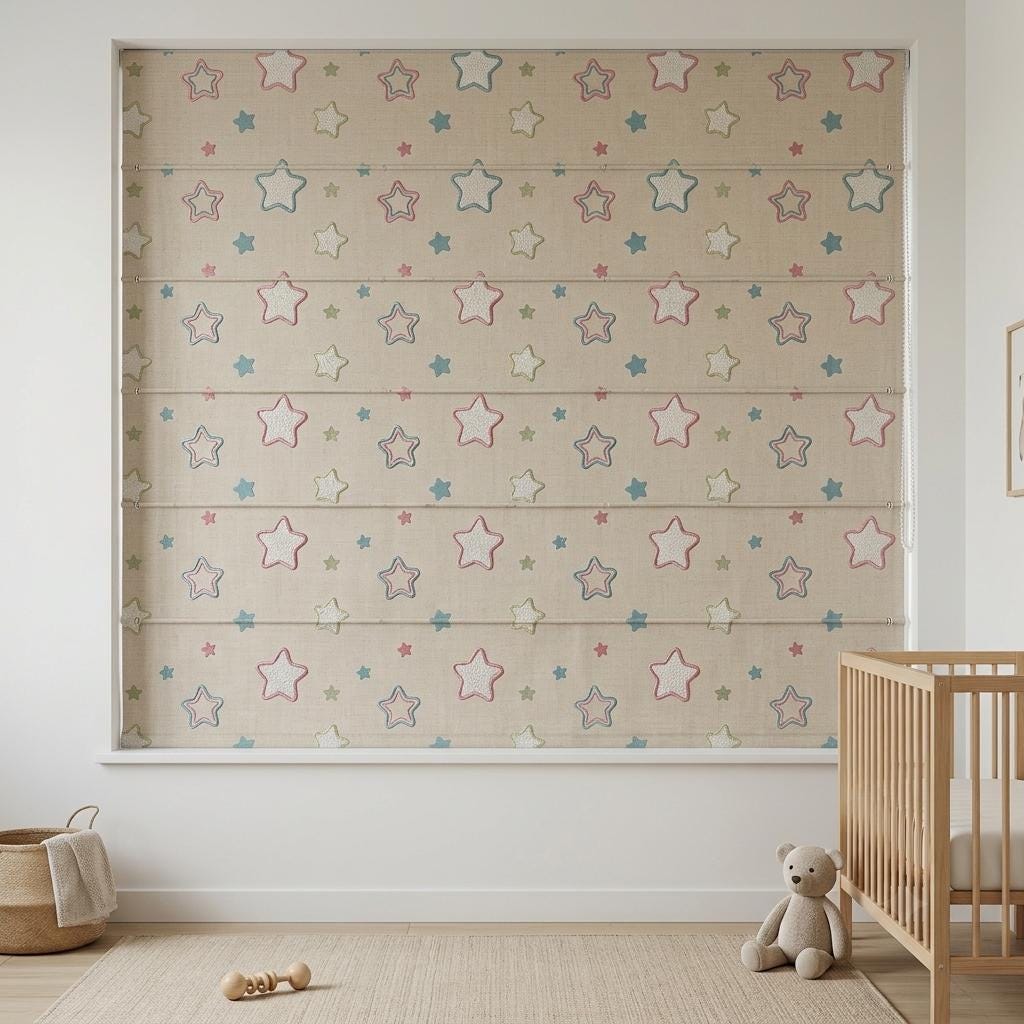Natural Flax Cream Linen Roman Shade, Teal Pink Embroidered Star Nursery Blind, Custom Blackout or Light Filtering — image 8