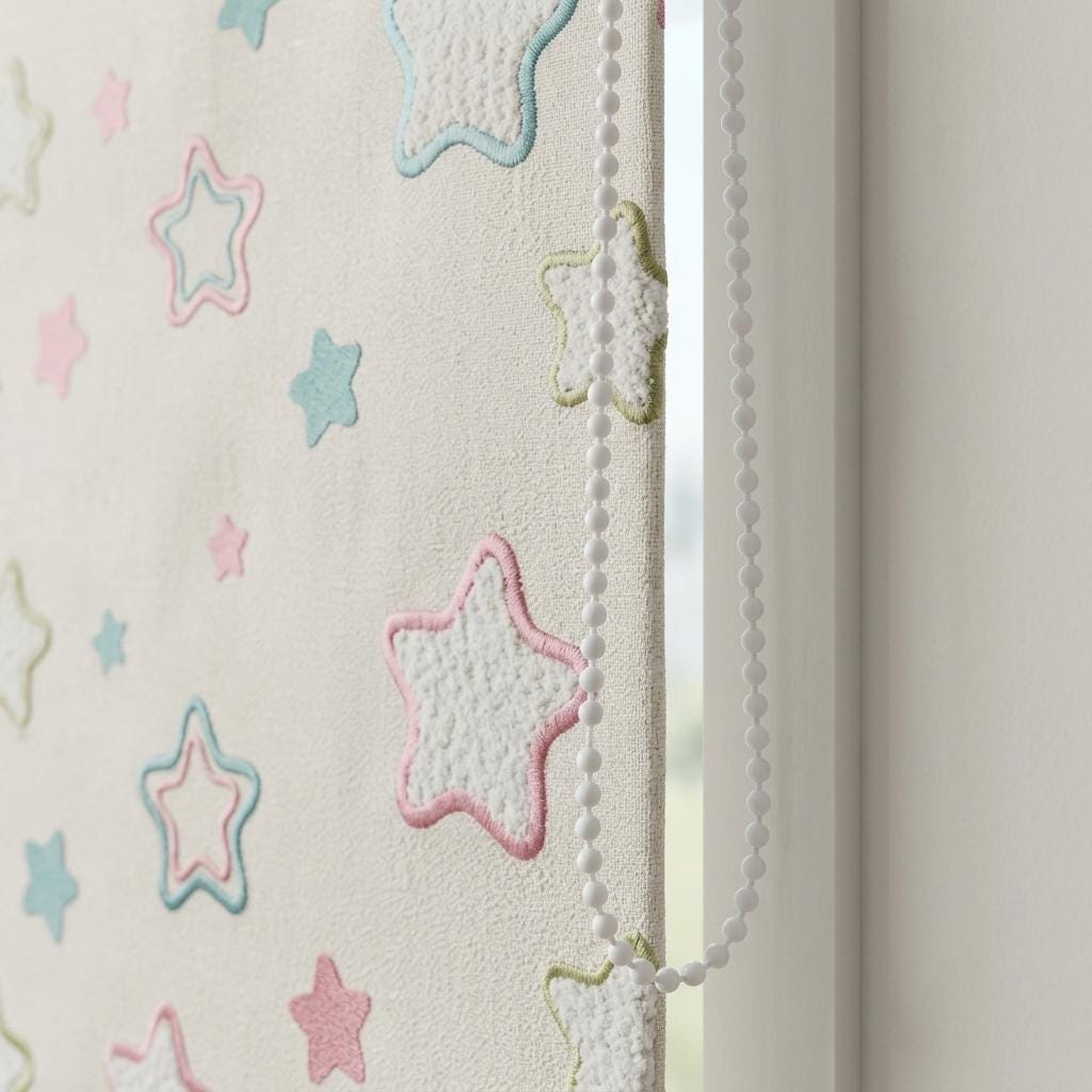 Natural Flax Cream Linen Roman Shade, Teal Pink Embroidered Star Nursery Blind, Custom Blackout or Light Filtering — image 7
