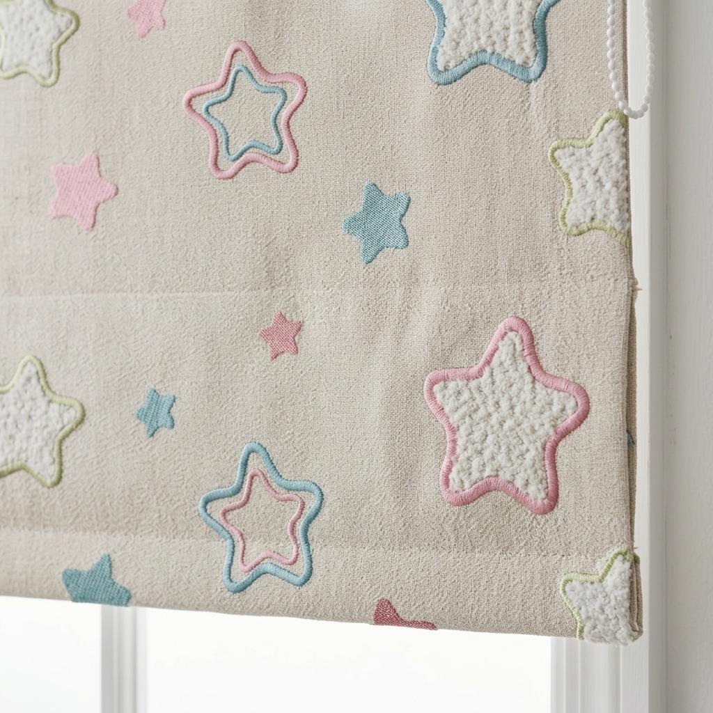 Natural Flax Cream Linen Roman Shade, Teal Pink Embroidered Star Nursery Blind, Custom Blackout or Light Filtering — image 4