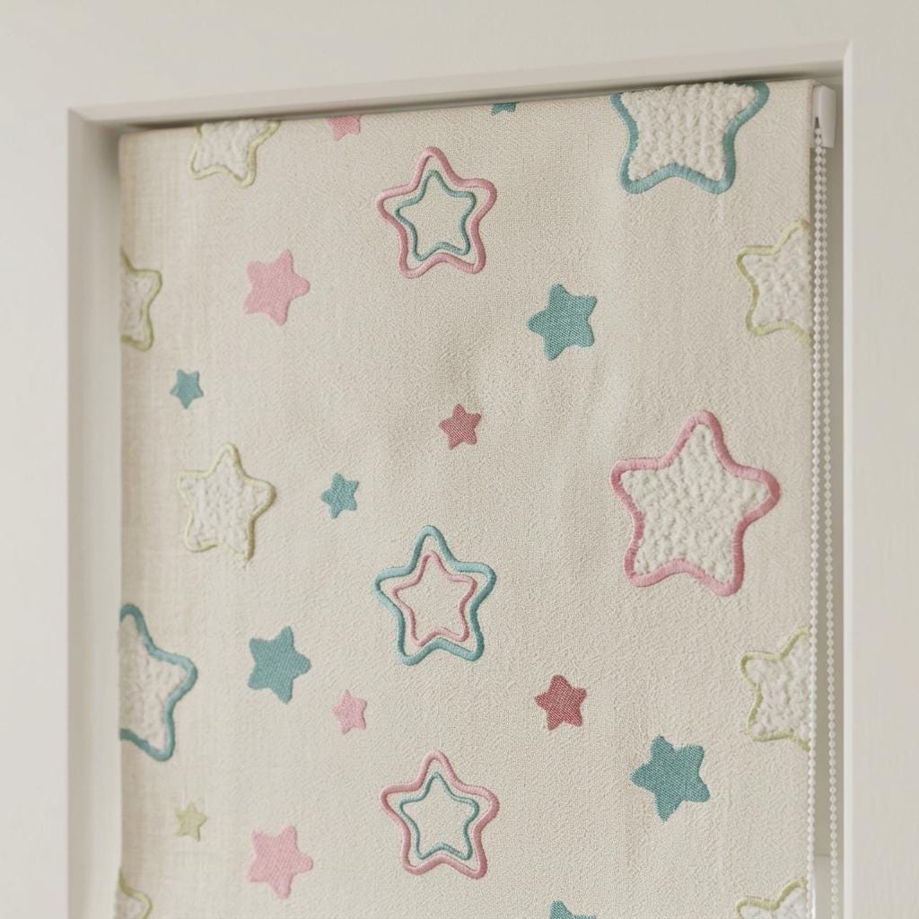 Natural Flax Cream Linen Roman Shade, Teal Pink Embroidered Star Nursery Blind, Custom Blackout or Light Filtering — image 2