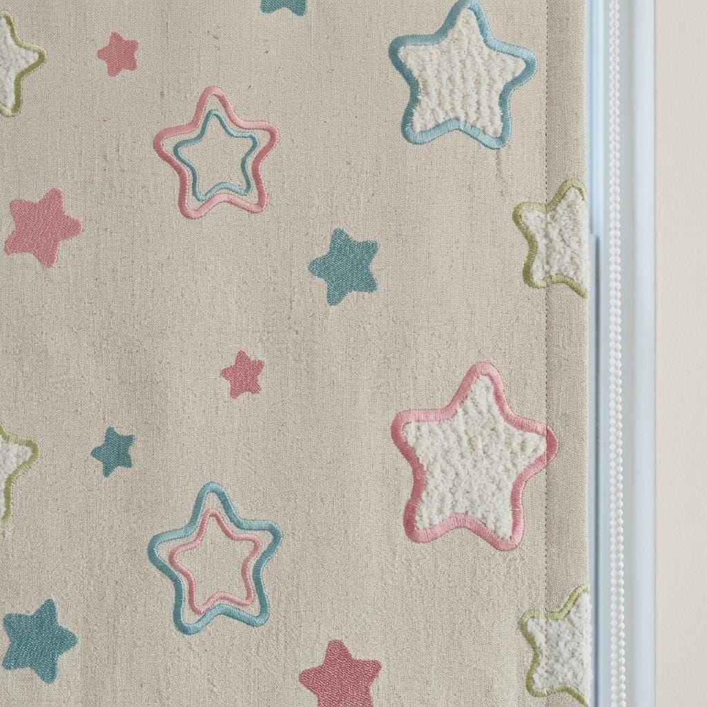 Natural Flax Cream Linen Roman Shade, Teal Pink Embroidered Star Nursery Blind, Custom Blackout or Light Filtering — image 6