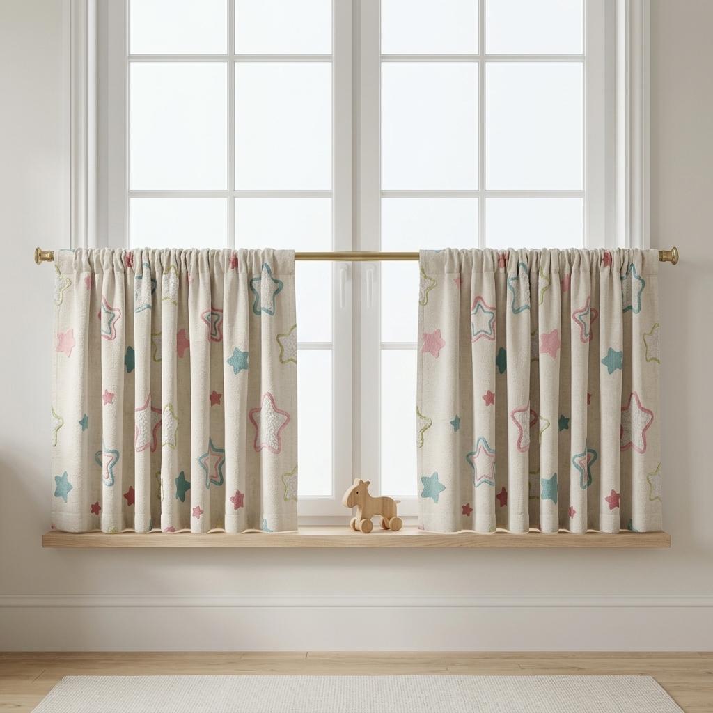 Natural Cream Linen Curtains, Pink & Teal Embroidered Stars, Nursery Drapes, Custom Sizes, Blackout Option — image 8