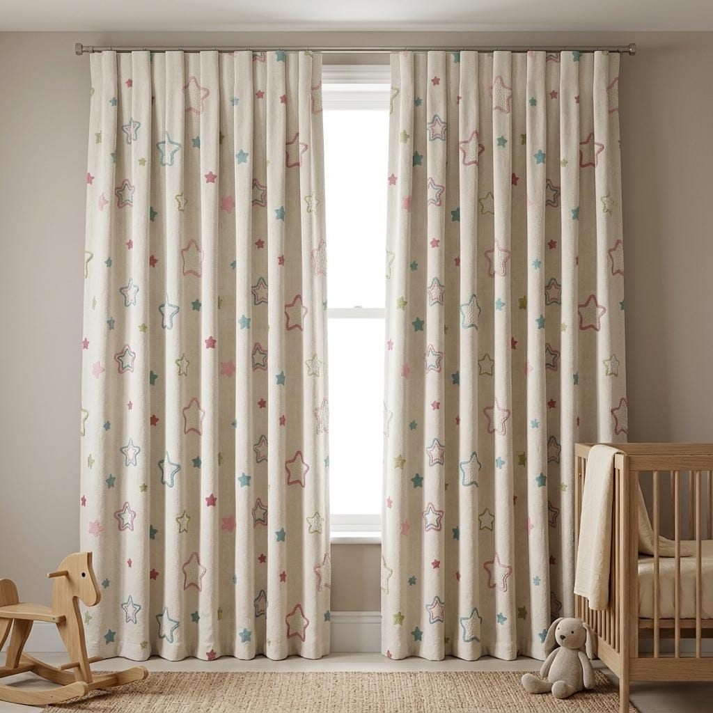 Natural Cream Linen Curtains, Pink & Teal Embroidered Stars, Nursery Drapes, Custom Sizes, Blackout Option — image 7