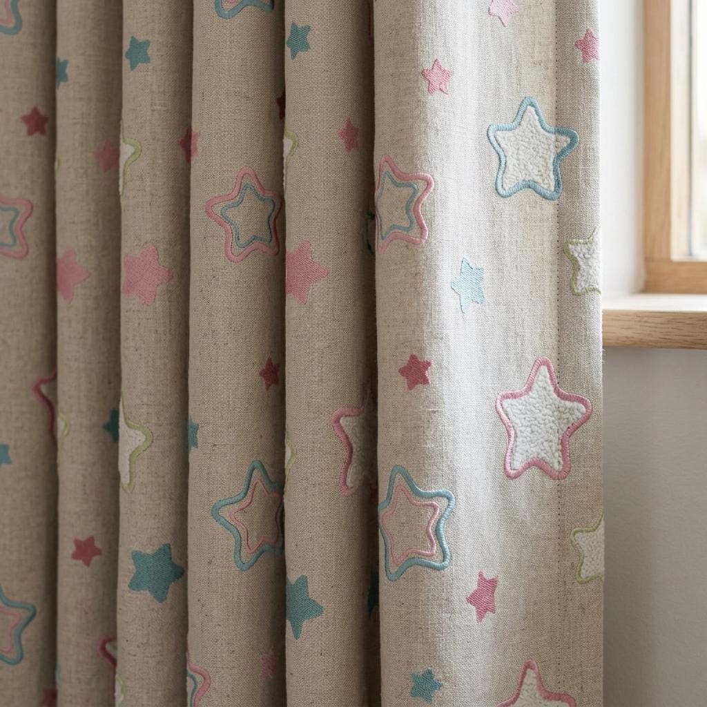 Natural Cream Linen Curtains, Pink & Teal Embroidered Stars, Nursery Drapes, Custom Sizes, Blackout Option — image 10