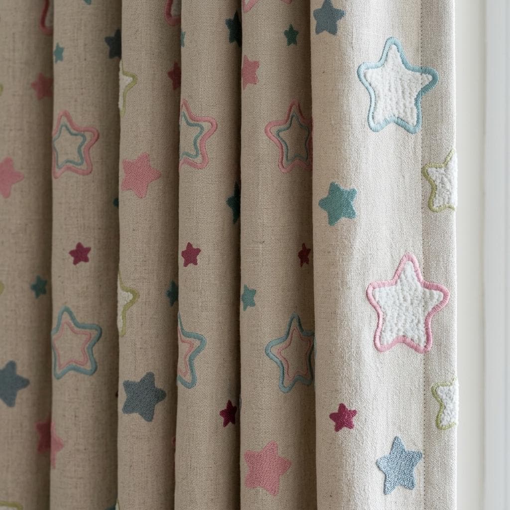 Natural Cream Linen Curtains, Pink & Teal Embroidered Stars, Nursery Drapes, Custom Sizes, Blackout Option — image 1