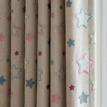 Natural Cream Linen Curtains, Pink & Teal Embroidered Stars, Nursery Drapes, Custom Sizes, Blackout Option — image 1