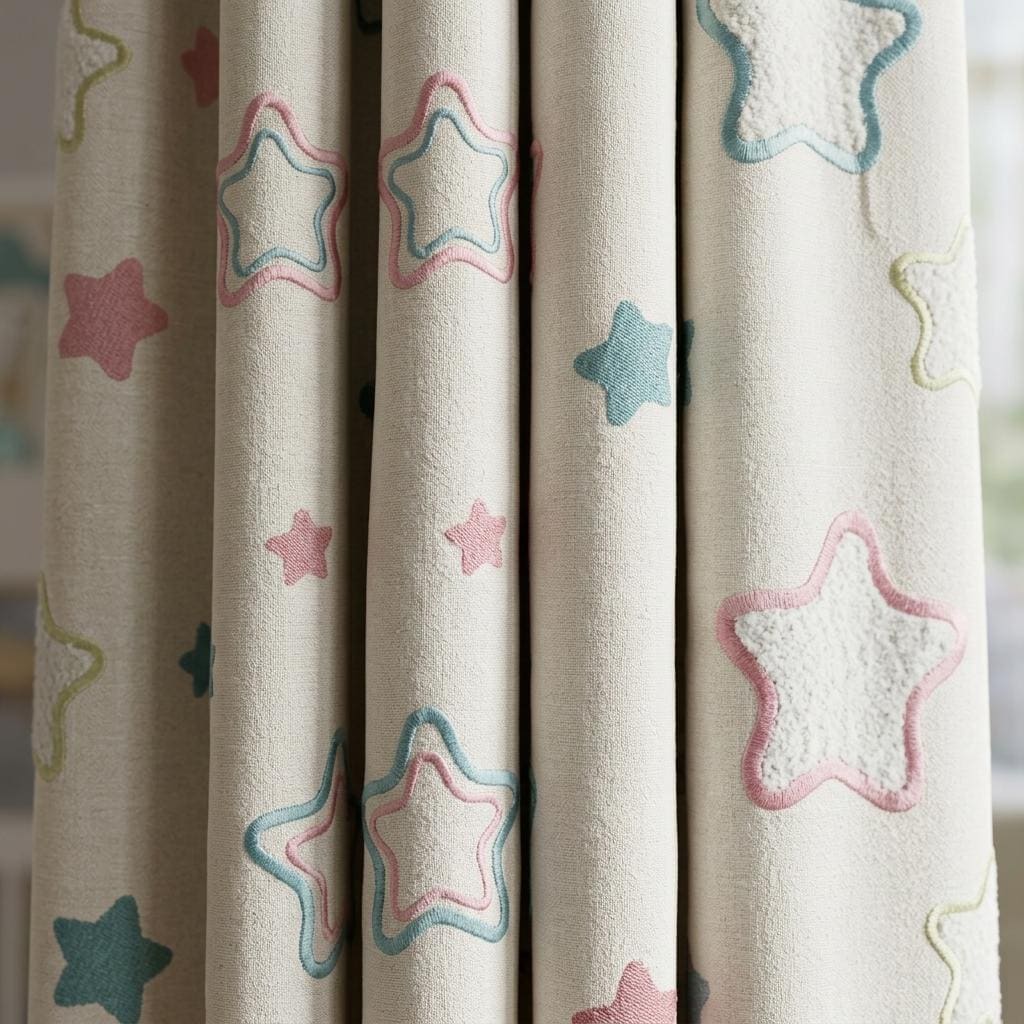 Natural Cream Linen Curtains, Pink & Teal Embroidered Stars, Nursery Drapes, Custom Sizes, Blackout Option — image 9