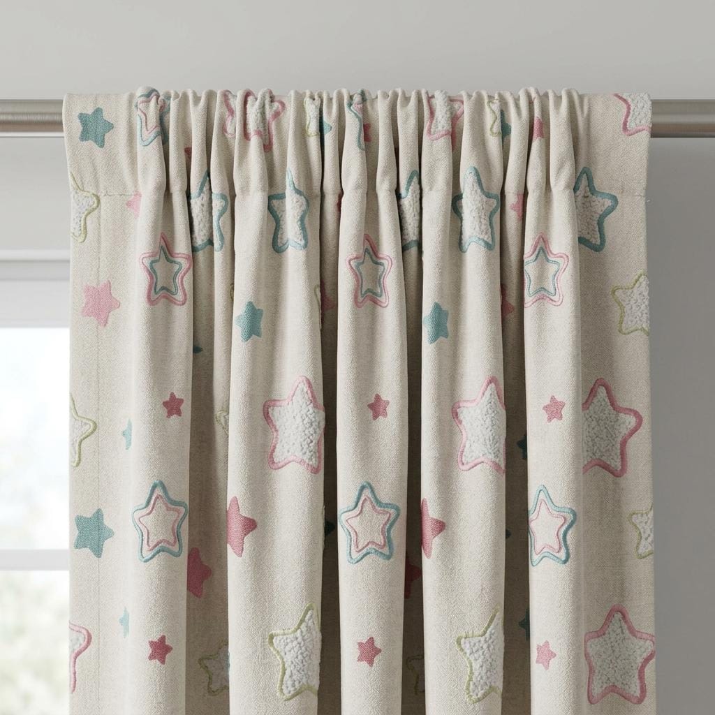 Natural Cream Linen Curtains, Pink & Teal Embroidered Stars, Nursery Drapes, Custom Sizes, Blackout Option — image 6