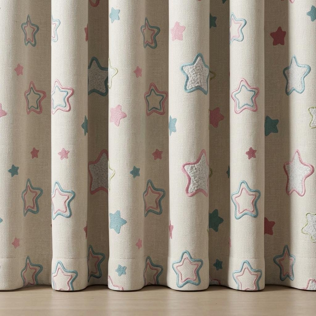 Natural Cream Linen Curtains, Pink & Teal Embroidered Stars, Nursery Drapes, Custom Sizes, Blackout Option — image 4