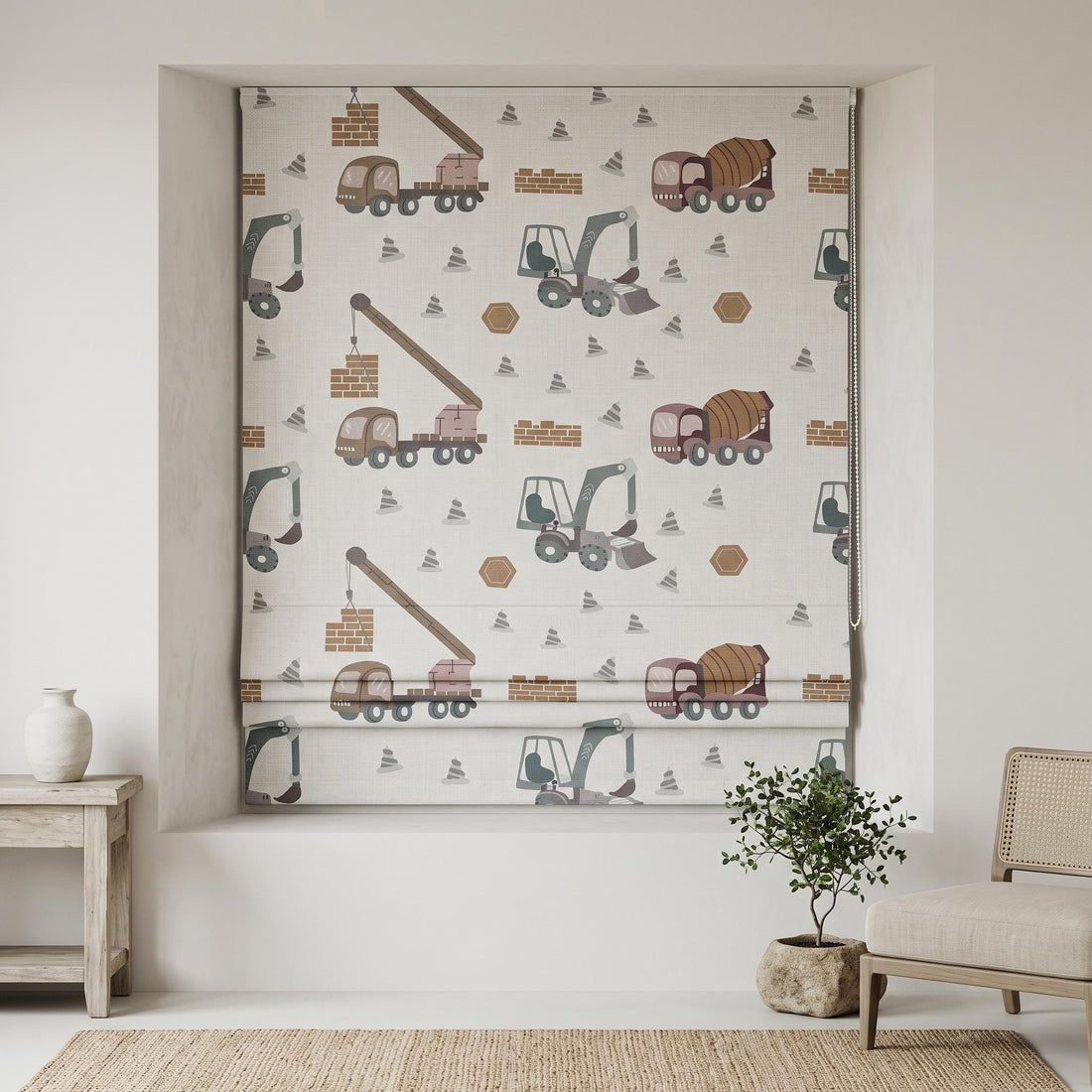 Custom Construction Truck Linen Roman Shade, Blue-Gray Terracotta Excavator Nursery Blind, Blackout or Light Filtering — image 1