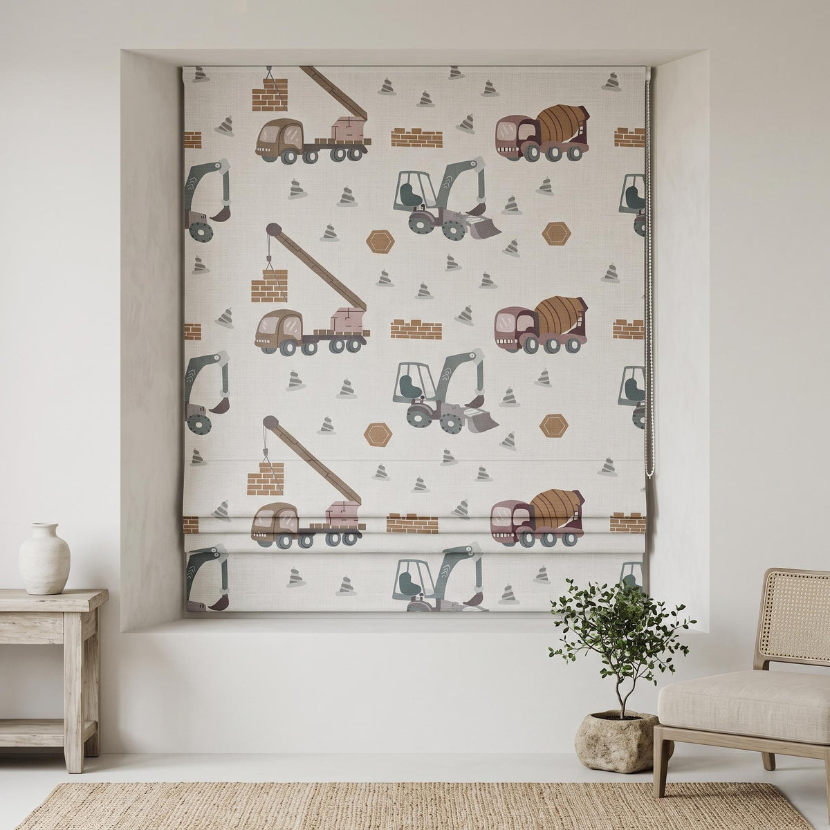Custom Construction Truck Linen Roman Shade, Blue-Gray Terracotta Excavator Nursery Blind, Blackout or Light Filtering — image 2