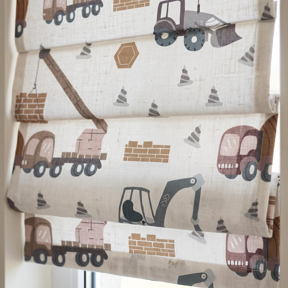 Custom Construction Truck Linen Roman Shade, Blue-Gray Terracotta Excavator Nursery Blind, Blackout or Light Filtering — image 3