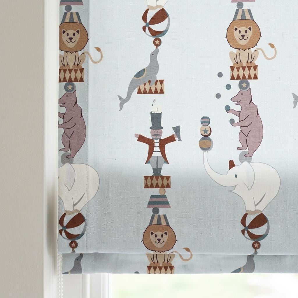 Misty Blue Linen Roman Shade, Circus Animal Nursery Blind, Lion Elephant Bear Kids Custom Shade, Blackout or Light Filtering — image 4