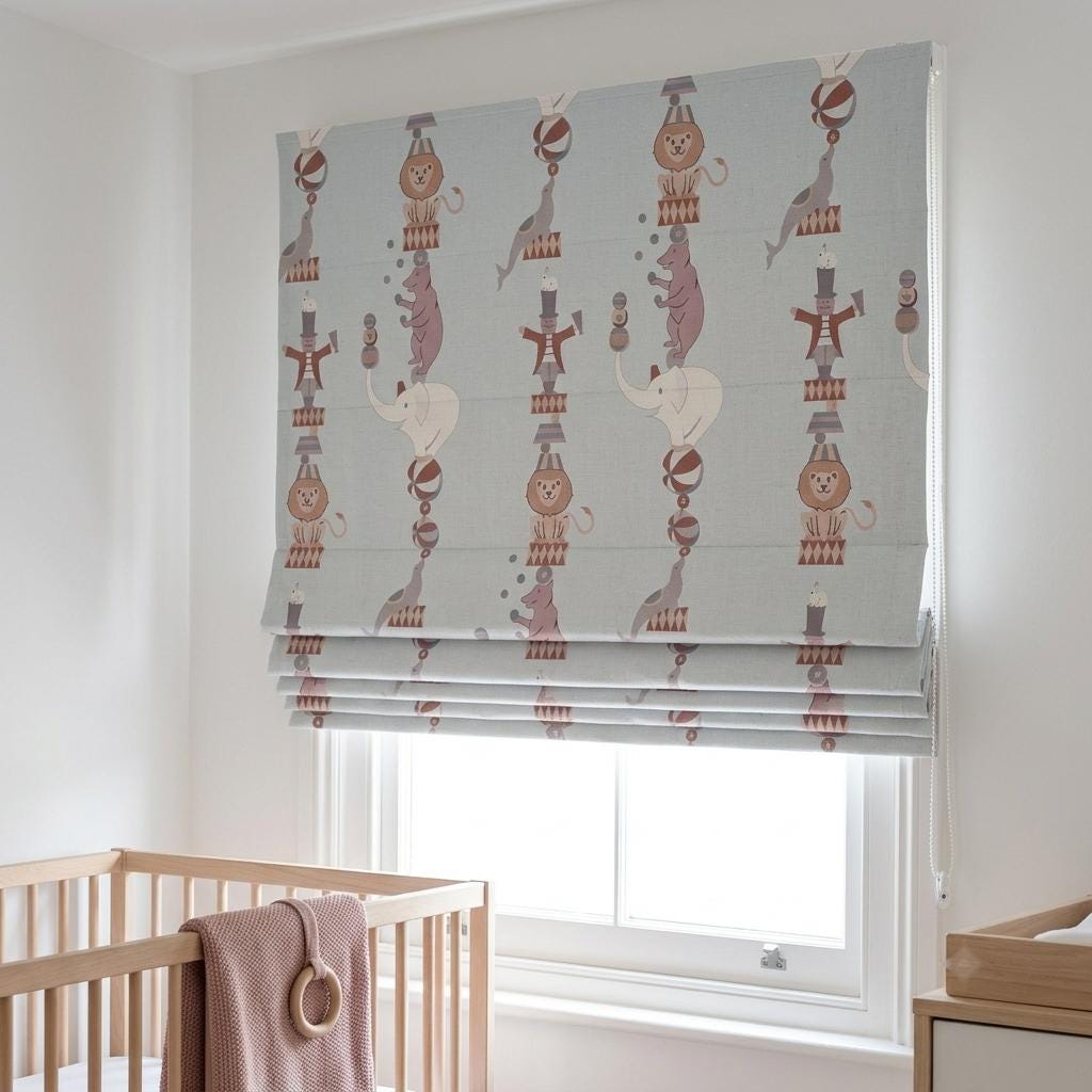 Misty Blue Linen Roman Shade, Circus Animal Nursery Blind, Lion Elephant Bear Kids Custom Shade, Blackout or Light Filtering — image 5