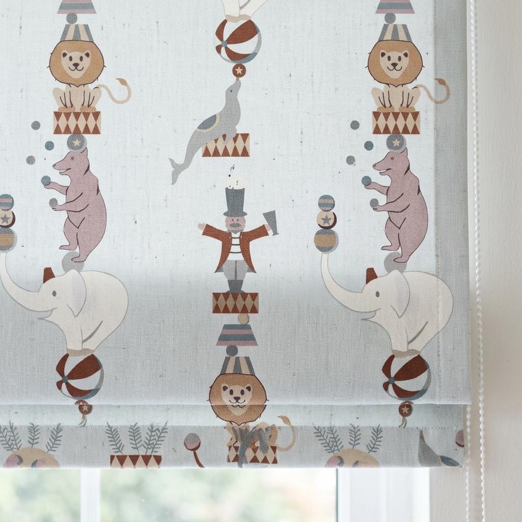 Misty Blue Linen Roman Shade, Circus Animal Nursery Blind, Lion Elephant Bear Kids Custom Shade, Blackout or Light Filtering — image 6