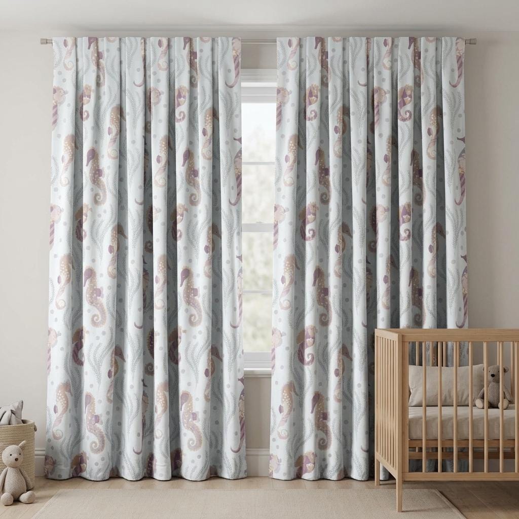 Pale Blue Matte Velvet Curtains, Pastel Seahorse & Seaweed Print, Ocean Nursery Drapes, Custom Sizes, Blackout Option — image 9