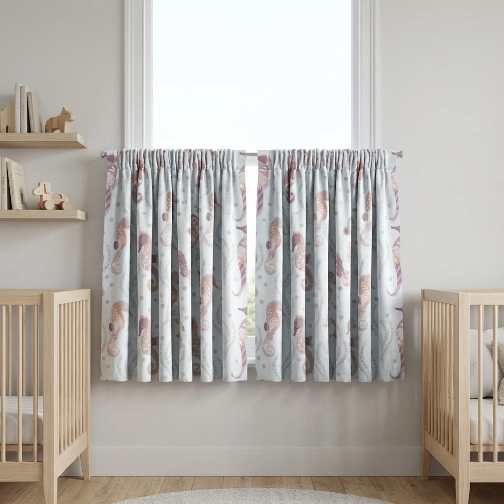 Pale Blue Matte Velvet Curtains, Pastel Seahorse & Seaweed Print, Ocean Nursery Drapes, Custom Sizes, Blackout Option — image 7