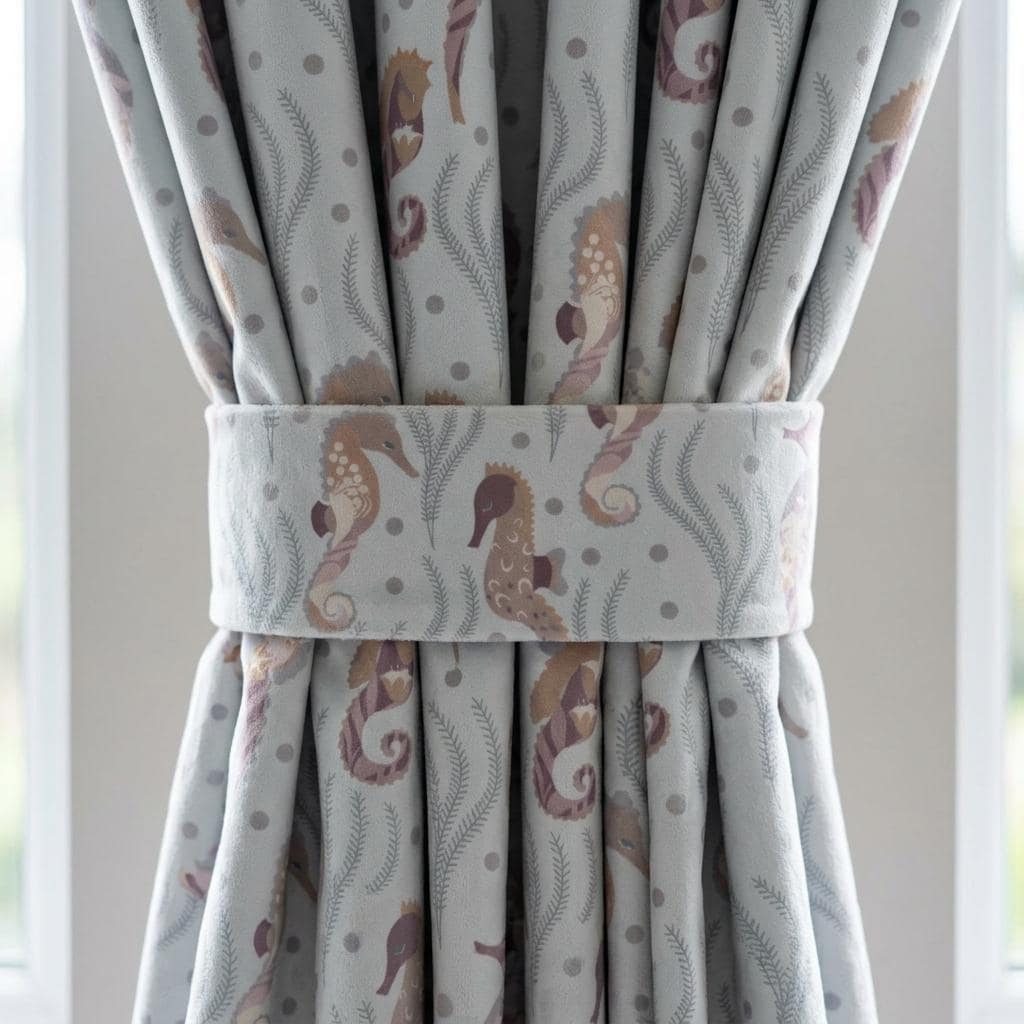 Pale Blue Matte Velvet Curtains, Pastel Seahorse & Seaweed Print, Ocean Nursery Drapes, Custom Sizes, Blackout Option — image 1