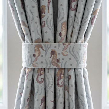 Pale Blue Matte Velvet Curtains, Pastel Seahorse & Seaweed Print, Ocean Nursery Drapes, Custom Sizes, Blackout Option — image 1