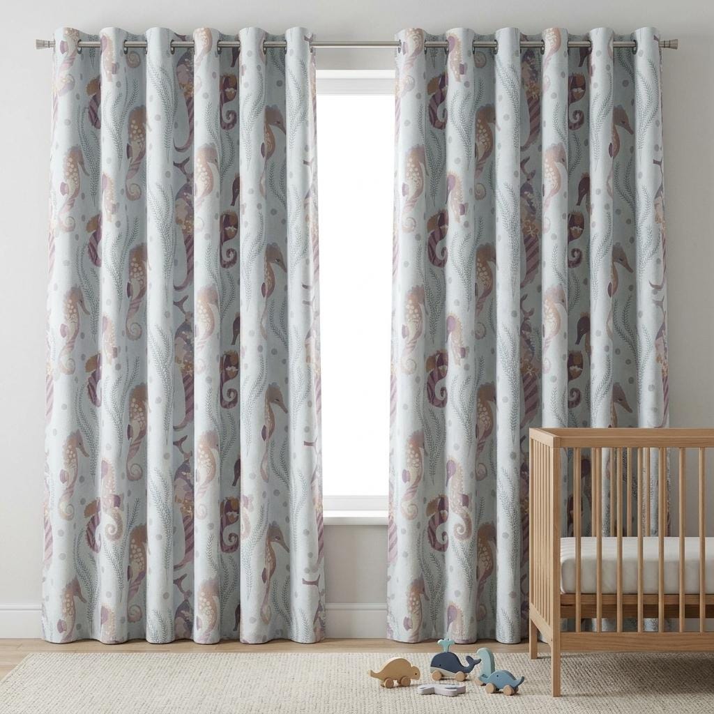 Pale Blue Matte Velvet Curtains, Pastel Seahorse & Seaweed Print, Ocean Nursery Drapes, Custom Sizes, Blackout Option — image 5