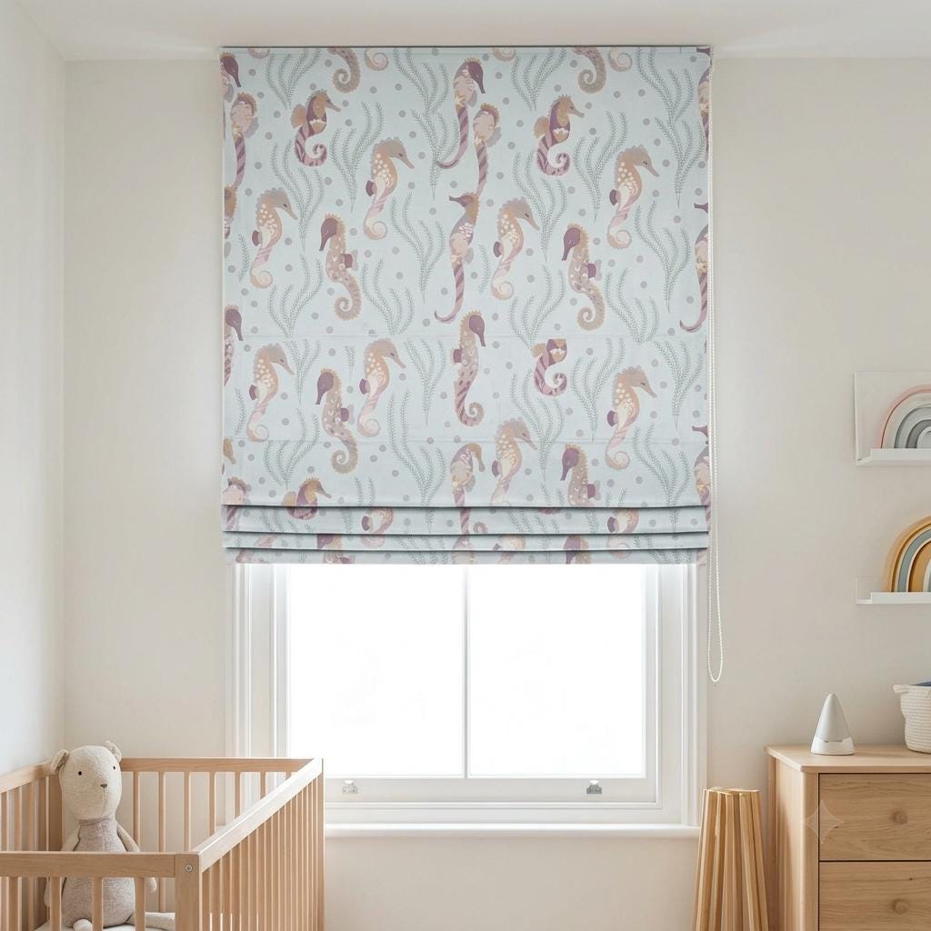 Misty Aqua Blue Matte Velvet Roman Shade, Seahorse Ocean Nursery Blind, Kids Coastal Custom Shade, Blackout or Light Filtering — image 4