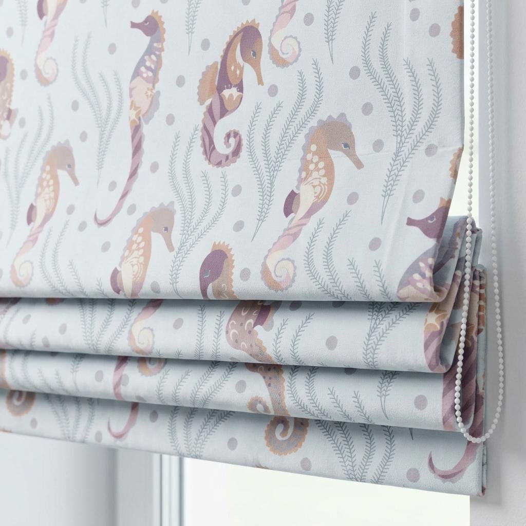 Misty Aqua Blue Matte Velvet Roman Shade, Seahorse Ocean Nursery Blind, Kids Coastal Custom Shade, Blackout or Light Filtering — image 2