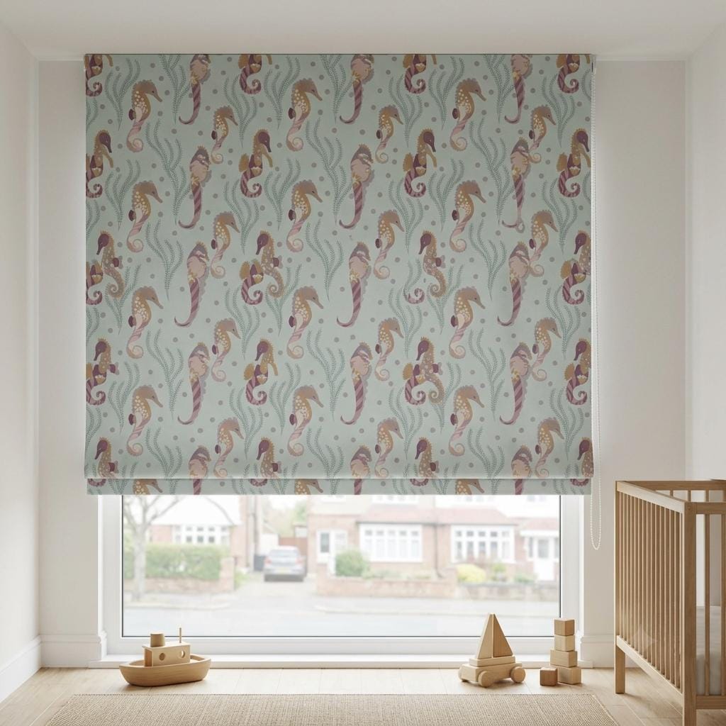 Misty Aqua Blue Matte Velvet Roman Shade, Seahorse Ocean Nursery Blind, Kids Coastal Custom Shade, Blackout or Light Filtering — image 9