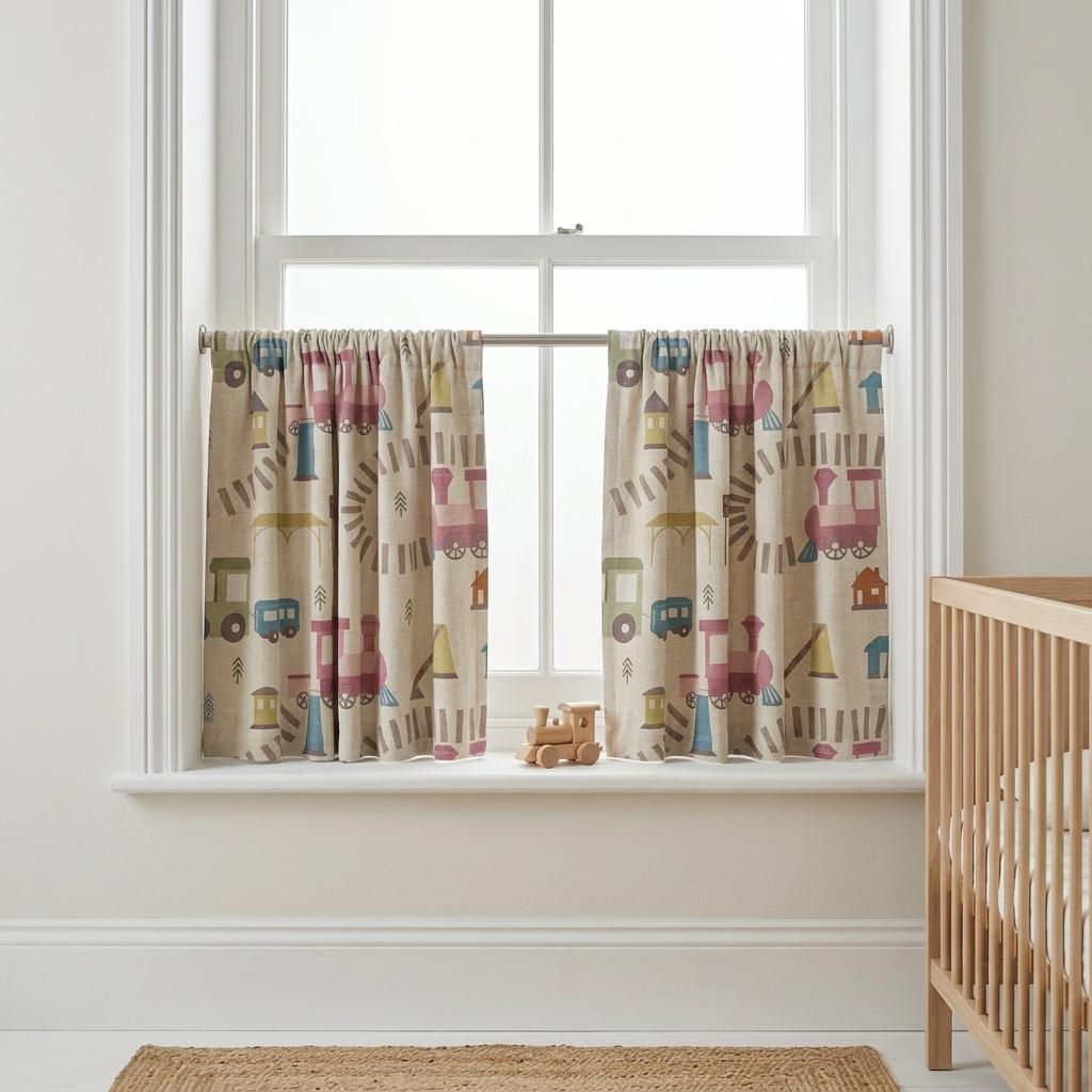 Cream Linen Curtains, Pink & Blue Train Print, Kids Room and Nursery Drapes, Custom Sizes, Blackout Option — image 6