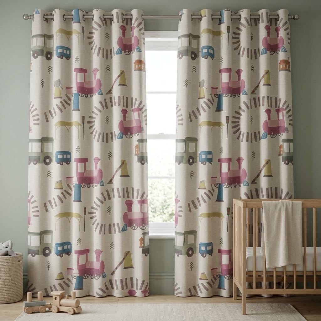 Cream Linen Curtains, Pink & Blue Train Print, Kids Room and Nursery Drapes, Custom Sizes, Blackout Option — image 9