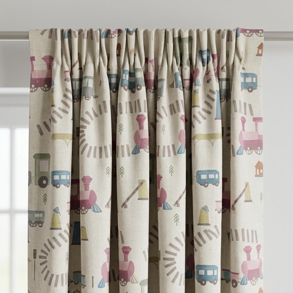 Cream Linen Curtains, Pink & Blue Train Print, Kids Room and Nursery Drapes, Custom Sizes, Blackout Option — image 3