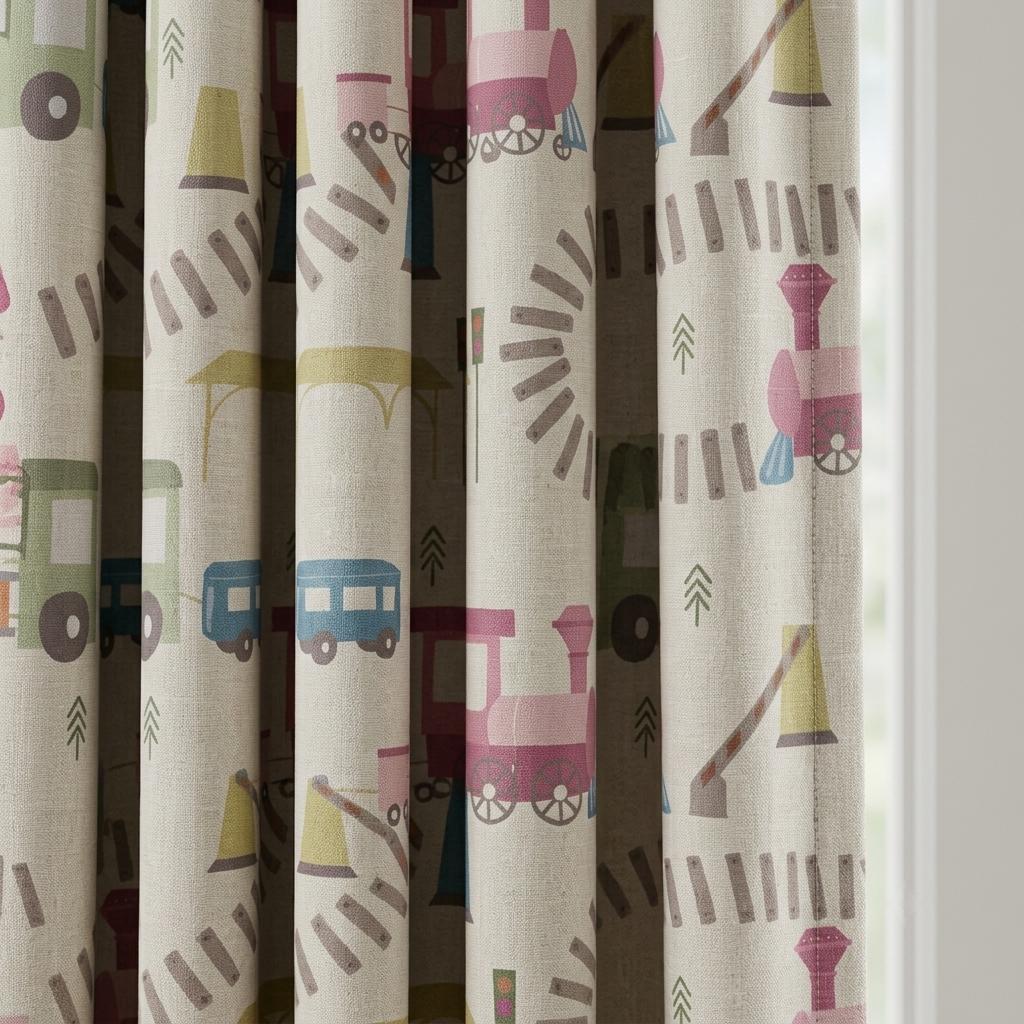 Cream Linen Curtains, Pink & Blue Train Print, Kids Room and Nursery Drapes, Custom Sizes, Blackout Option — image 1