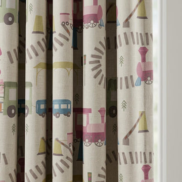 Cream Linen Curtains, Pink & Blue Train Print, Kids Room and Nursery Drapes, Custom Sizes, Blackout Option — image 1