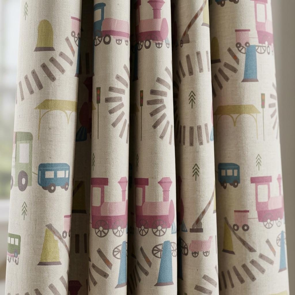 Cream Linen Curtains, Pink & Blue Train Print, Kids Room and Nursery Drapes, Custom Sizes, Blackout Option — image 7
