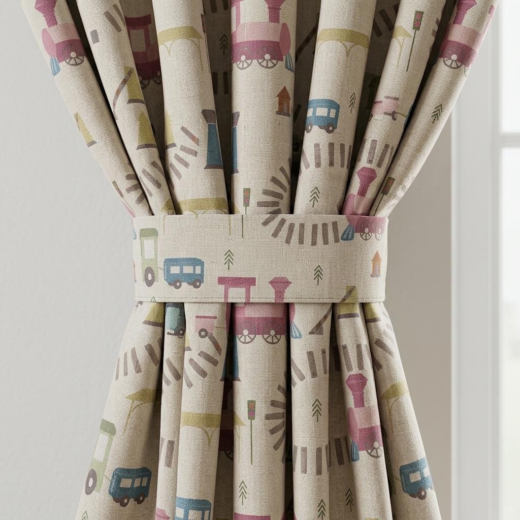 Cream Linen Curtains, Pink & Blue Train Print, Kids Room and Nursery Drapes, Custom Sizes, Blackout Option — image 1