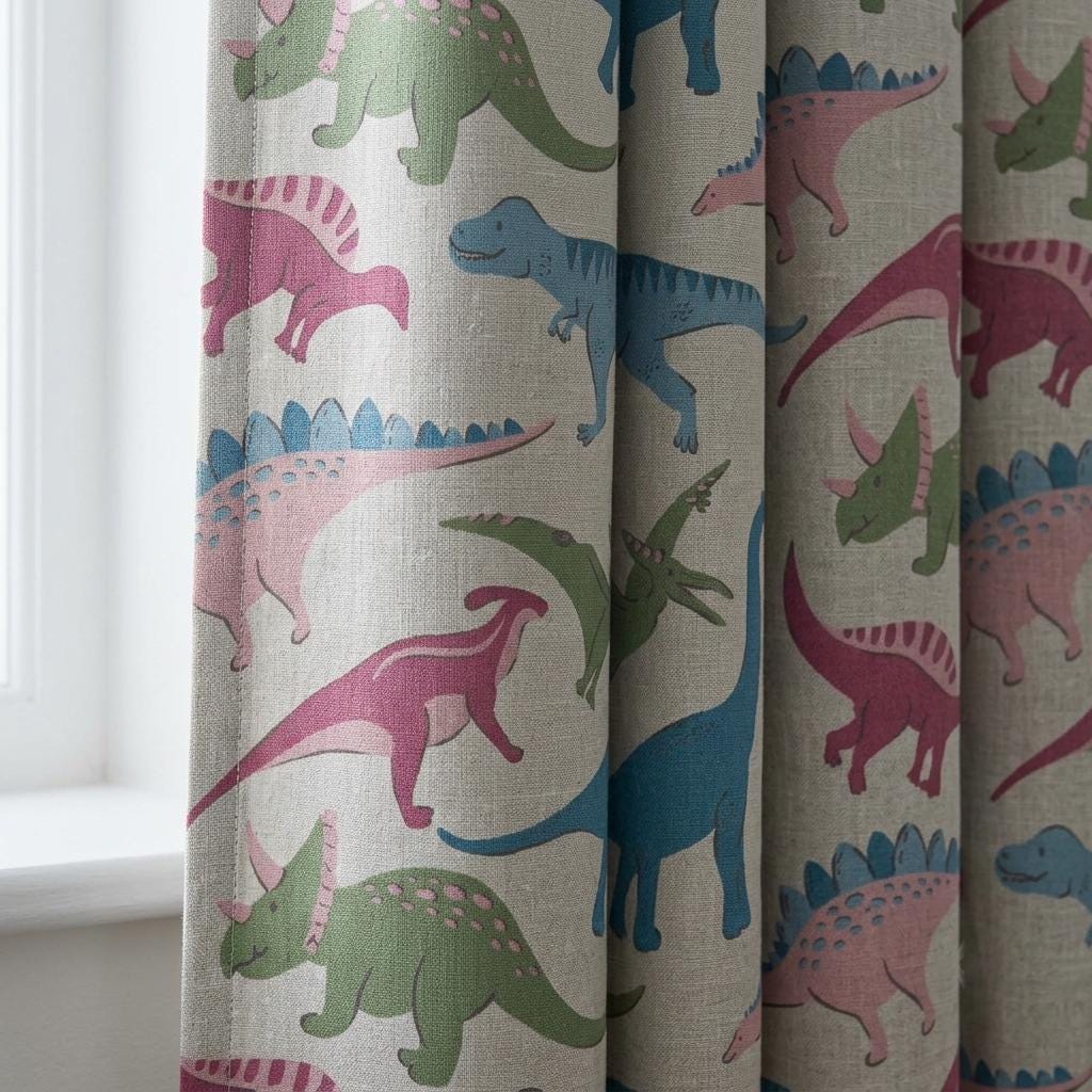 Cream Linen Curtains, Blue Pink & Green Dinosaur Print, Nursery and Kids Room Drapes, Custom Sizes, Blackout Option — image 1