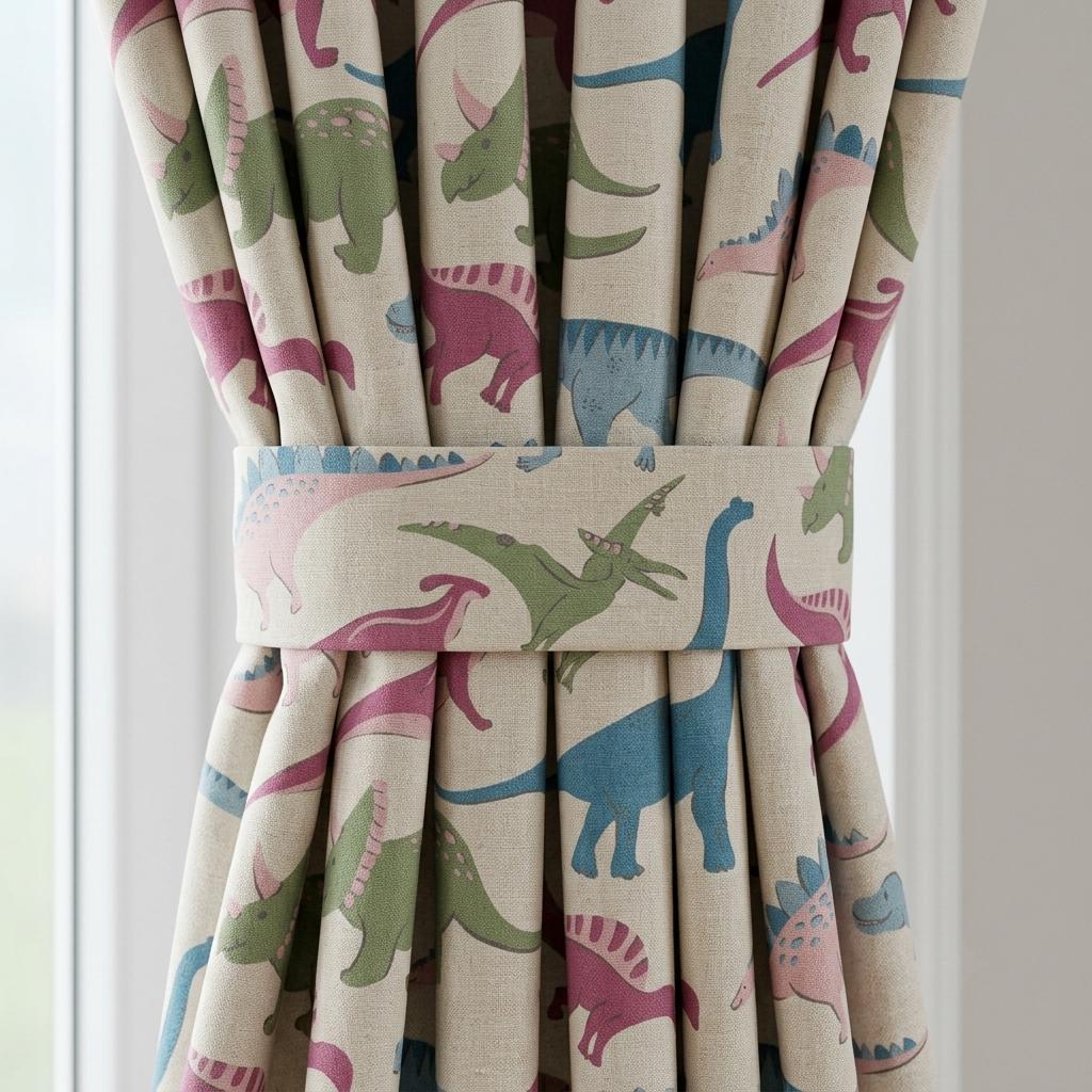 Cream Linen Curtains, Blue Pink & Green Dinosaur Print, Nursery and Kids Room Drapes, Custom Sizes, Blackout Option — image 1