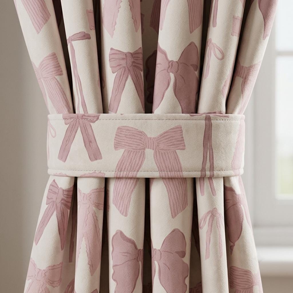 Pink Bow Velvet Curtains, Frosted Blue White Background, Coquette Nursery & Girls Room Drapes, Custom Sizes, Blackout Option — image 1