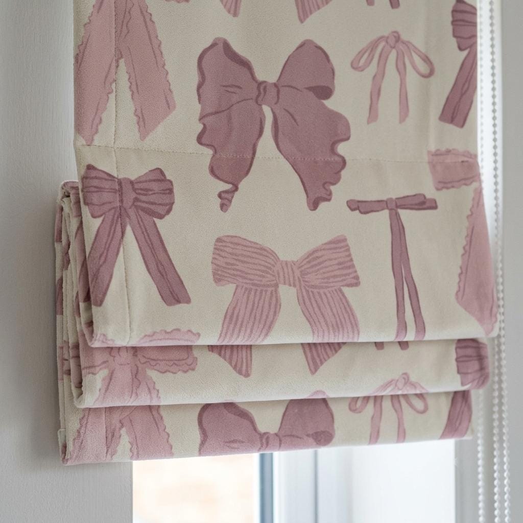 Pale Seafoam Velvet Roman Shade, Pink Bow Nursery Blind, Coquette Custom Blackout Window Shade — image 6
