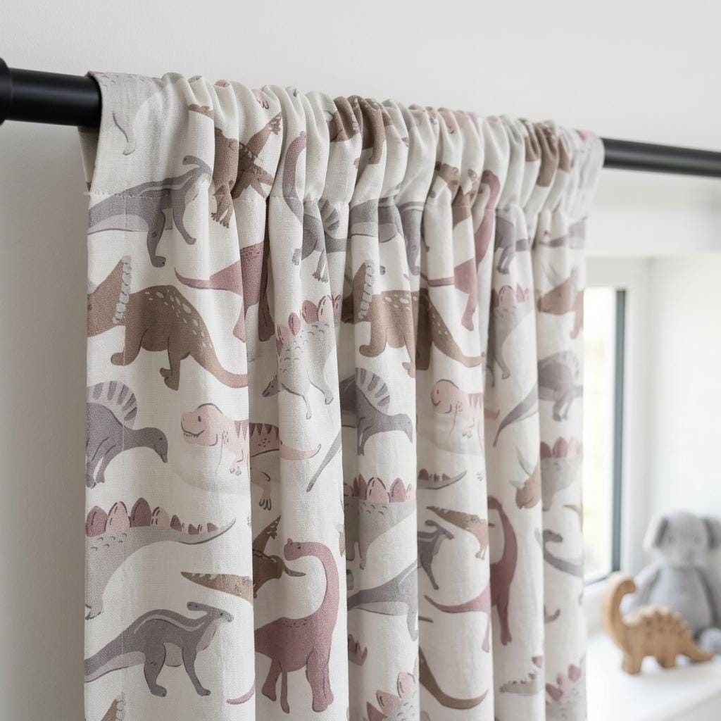 Ivory Blush Mauve Dinosaur Pure Linen Curtains, Gray T-Rex Stegosaurus Print, Custom Blackout Nursery Drapes — image 1