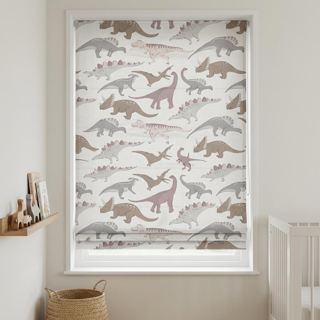 Pastel Dinosaur Linen Roman Shade, Ivory Blush Gray Nursery Blind, Custom Blackout or Light Filtering — image 2