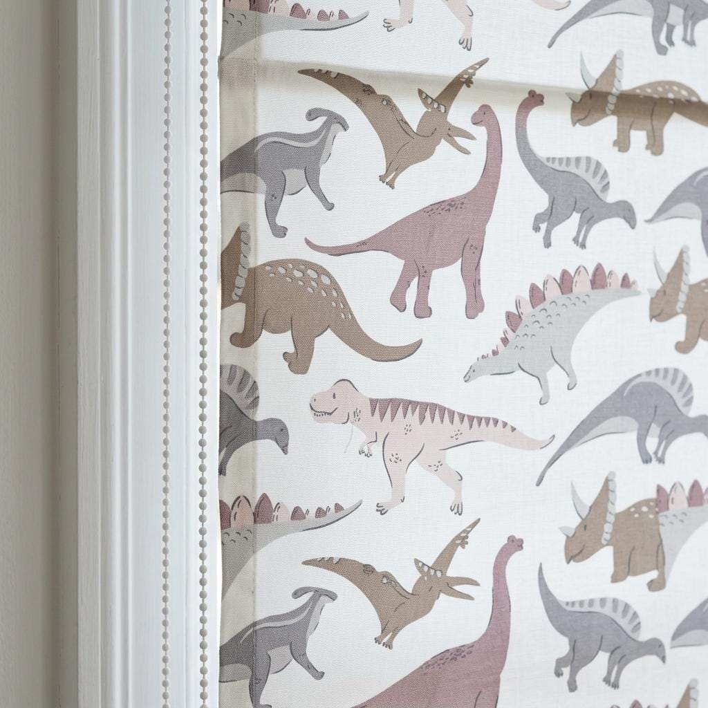 Pastel Dinosaur Linen Roman Shade, Ivory Blush Gray Nursery Blind, Custom Blackout or Light Filtering — image 6