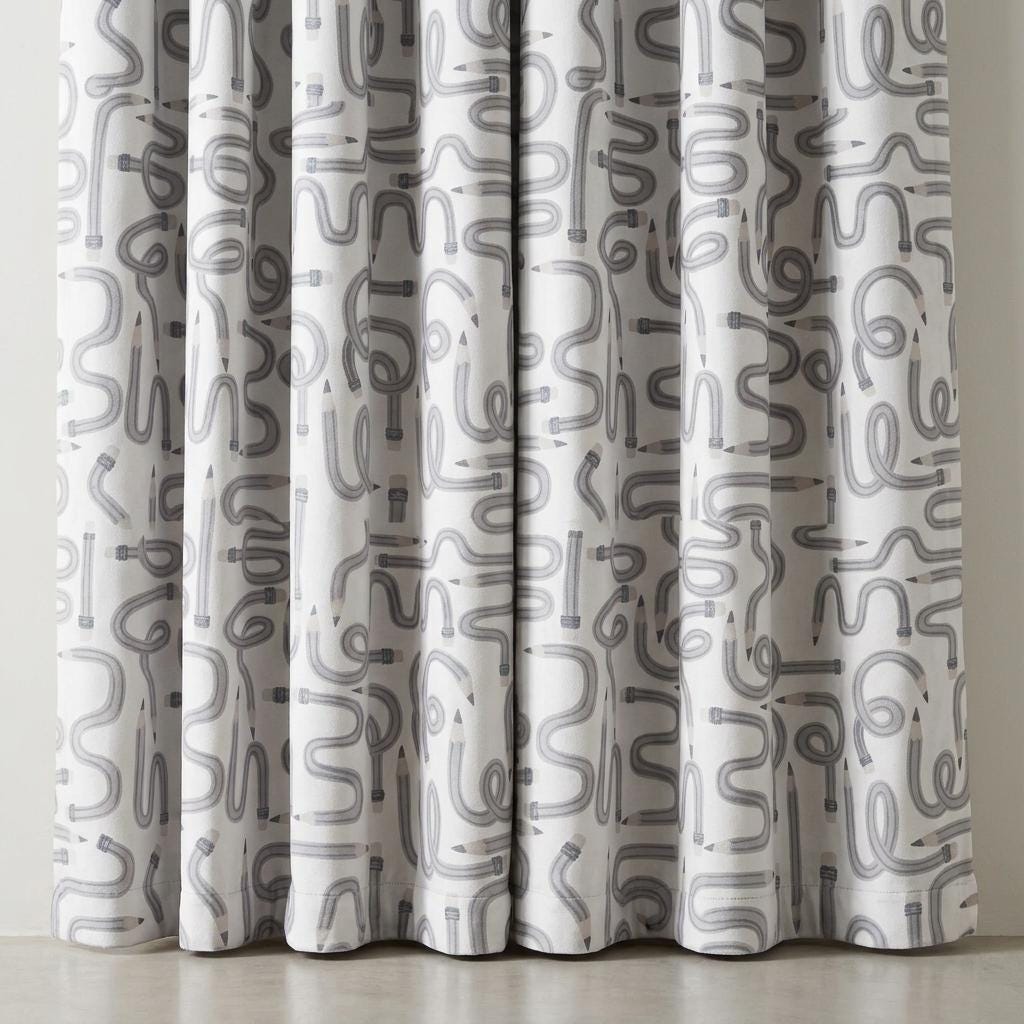 Soft White Gray Pencil Print Velvet Curtains, Blush Doodle Pattern, Custom Blackout Kids Room Drapes — image 4