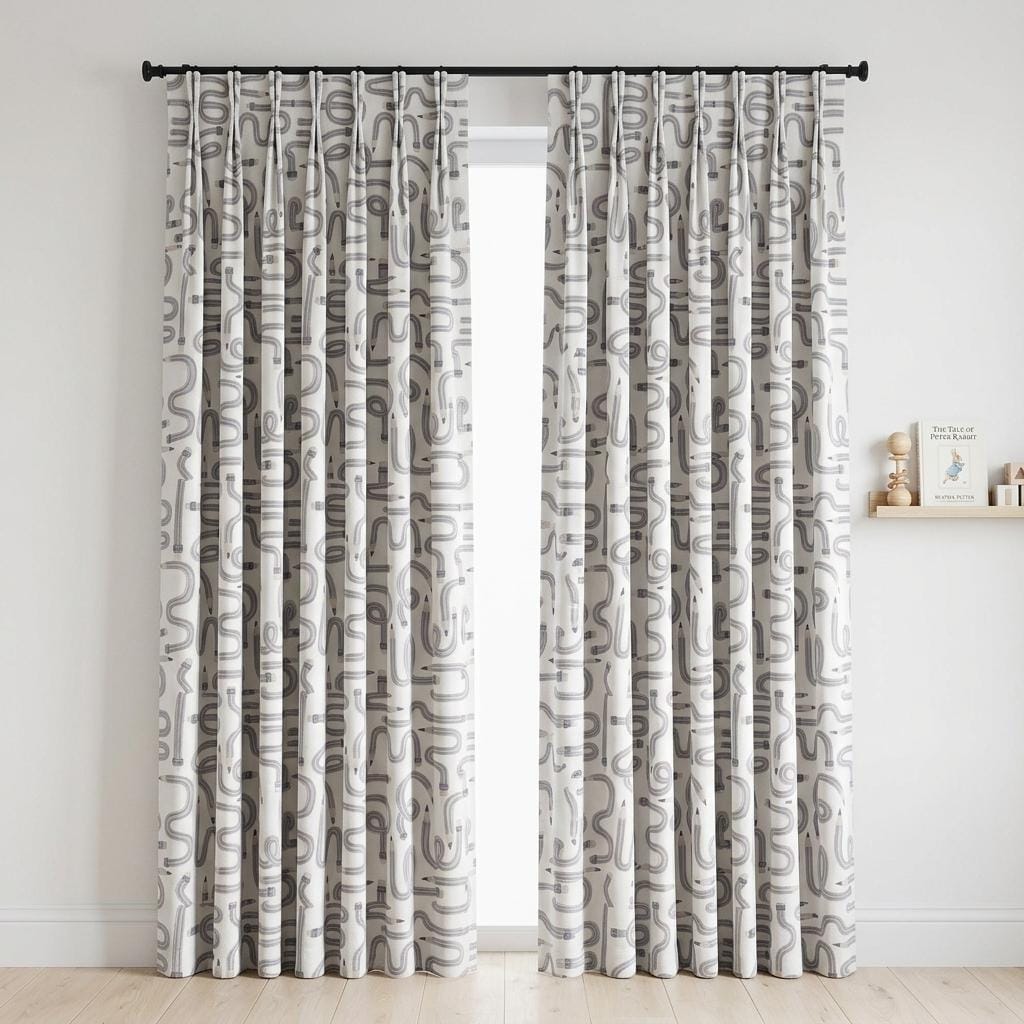 Soft White Gray Pencil Print Velvet Curtains, Blush Doodle Pattern, Custom Blackout Kids Room Drapes — image 9