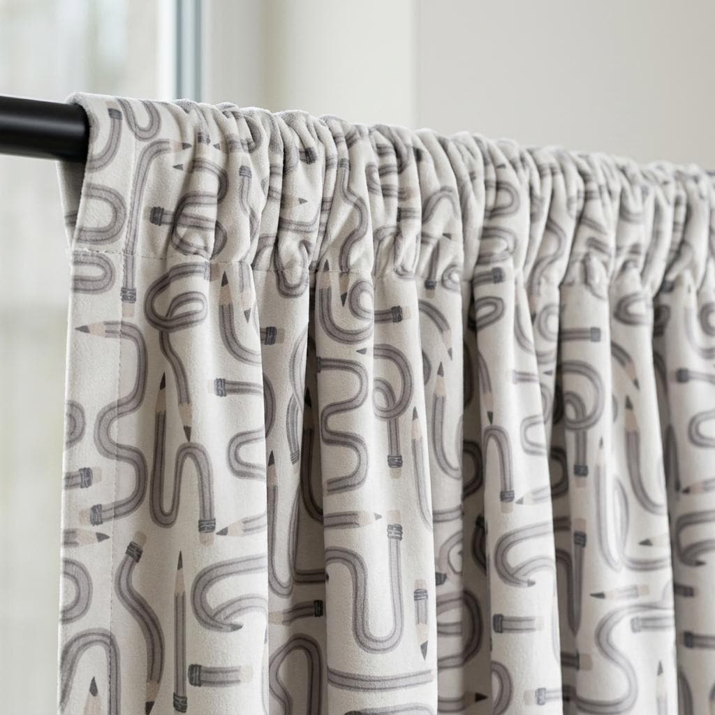 Soft White Gray Pencil Print Velvet Curtains, Blush Doodle Pattern, Custom Blackout Kids Room Drapes — image 3